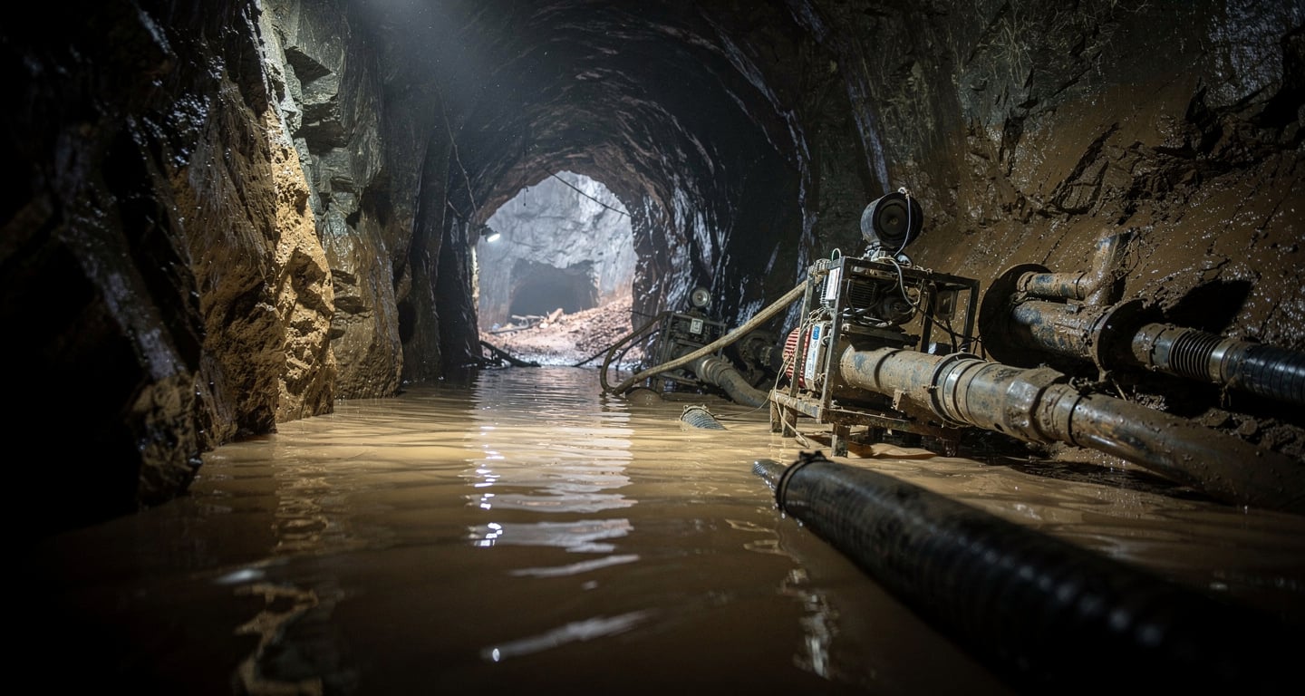 Flooded illegal gold mine tunnel, central Laos, emergency rescue lighting