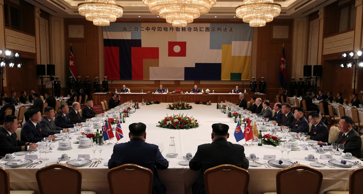 Formal state dinner setting in Pyongyang with diplomatic protocol and treaty anniversary backdrop
