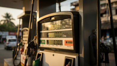Fuel pump display showing price per litre in Sri Lankan rupees at Colombo petrol station