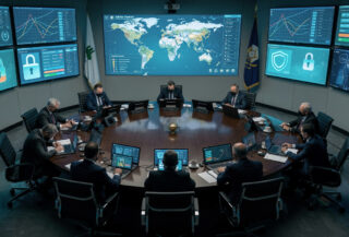 Government security briefing room with cybersecurity monitoring displays