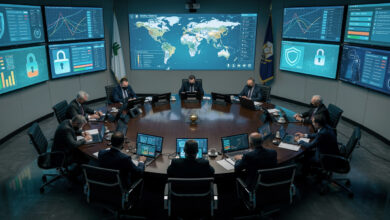 Government security briefing room with cybersecurity monitoring displays