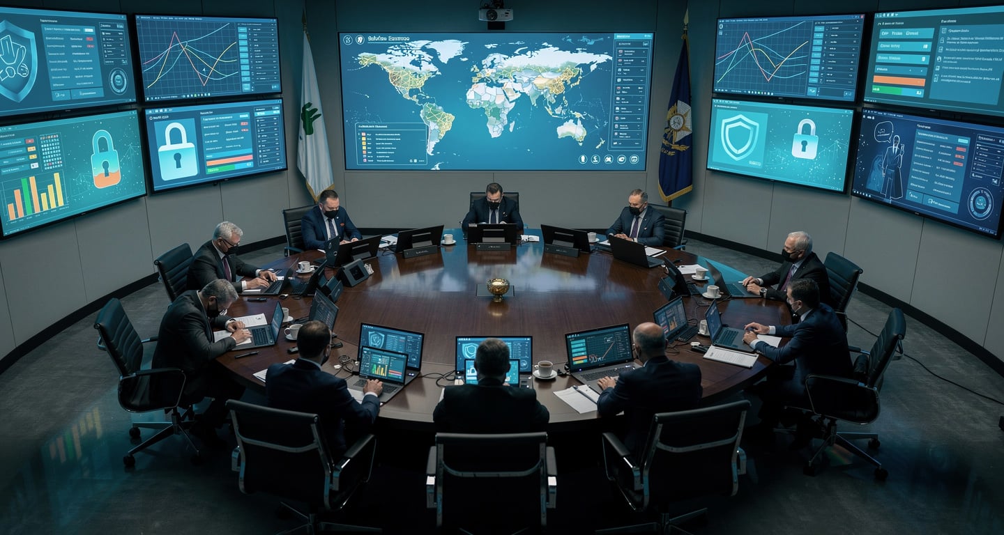 Government security briefing room with cybersecurity monitoring displays