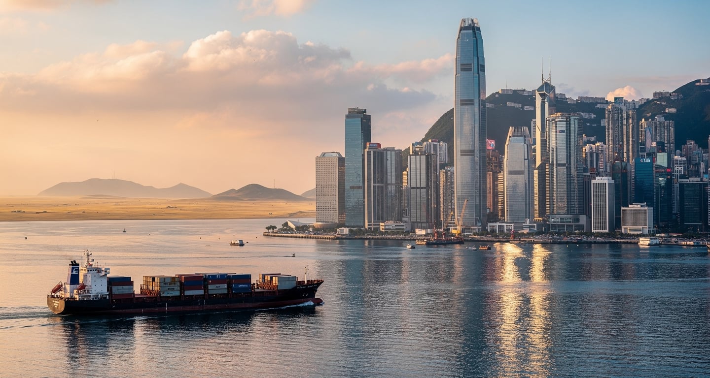 Hong Kong financial district skyline at dusk overlooking Victoria Harbour with cargo vessel