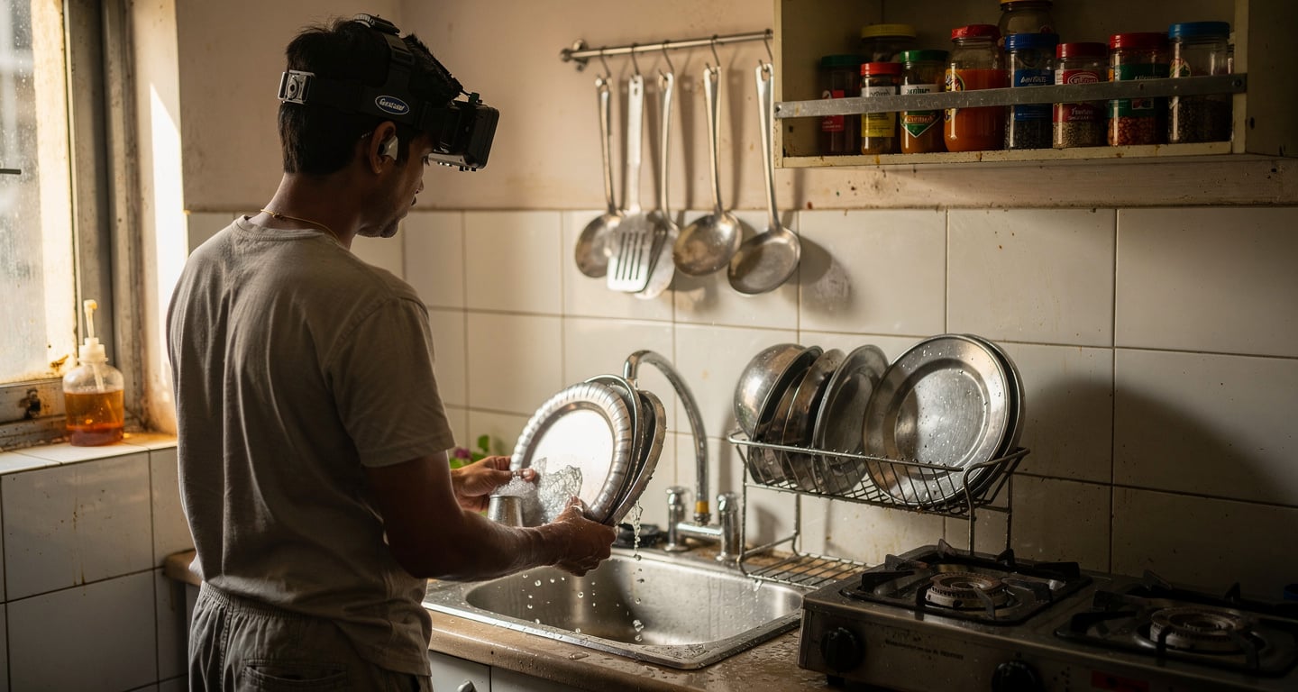 Indian worker with head-mounted camera filming household chores in modest kitchen
