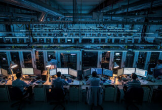Industrial data center workspace with computer terminals and servers in Southeast Asia