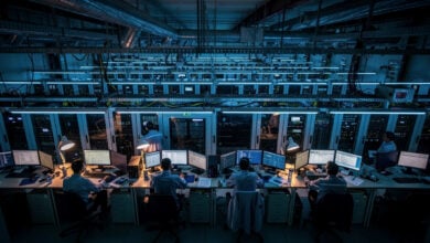 Industrial data center workspace with computer terminals and servers in Southeast Asia