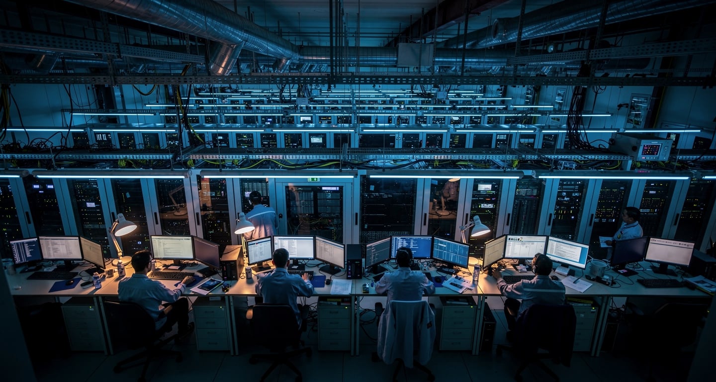 Industrial data center workspace with computer terminals and servers in Southeast Asia