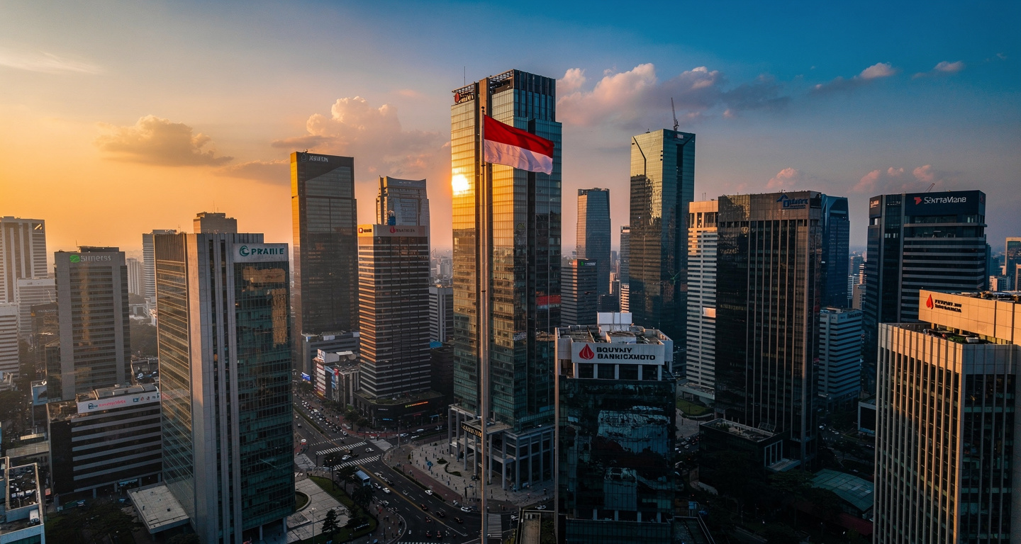 Jakarta financial district skyline at dusk with banking headquarters and Indonesian flag