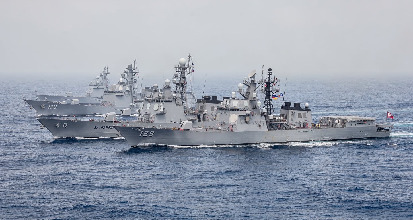 Japanese destroyer in formation with allied naval vessels, South China Sea
