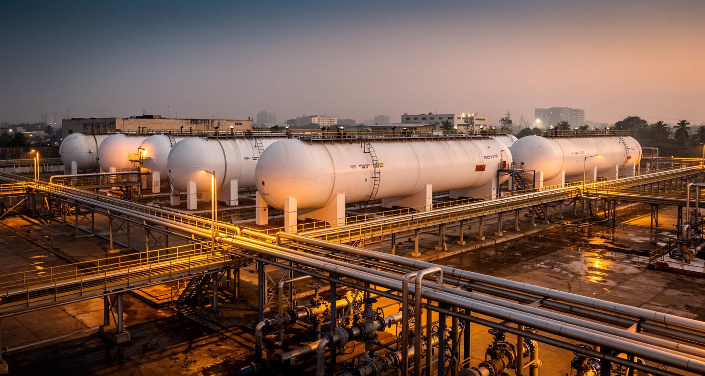LPG storage facility with cylindrical tanks and industrial infrastructure in India