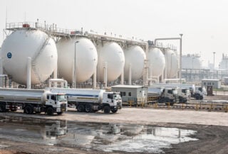 LPG storage tanks and fuel tankers at Indian oil terminal facility