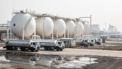 LPG storage tanks and fuel tankers at Indian oil terminal facility