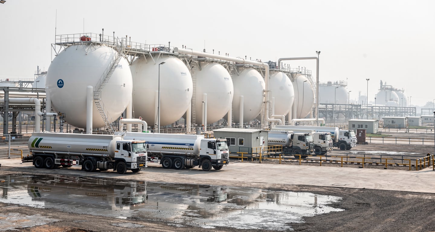 LPG storage tanks and fuel tankers at Indian oil terminal facility