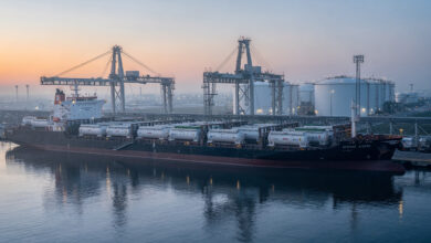 LPG tanker containers at US Gulf Coast port terminal, industrial shipping infrastructure
