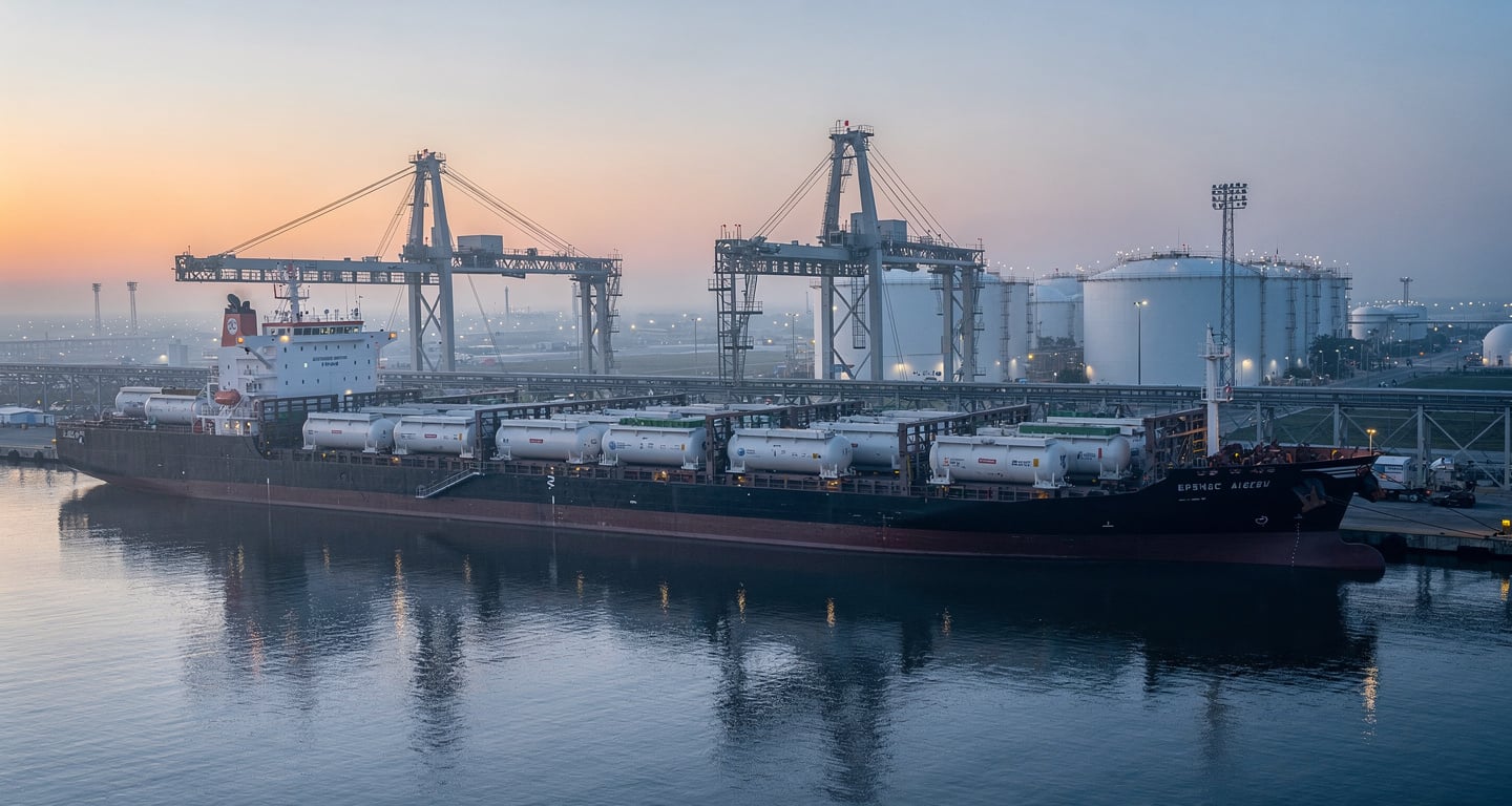 LPG tanker containers at US Gulf Coast port terminal, industrial shipping infrastructure