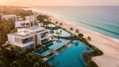 Luxury beachfront resort on Phu Quoc island, Vietnam, sunset lighting
