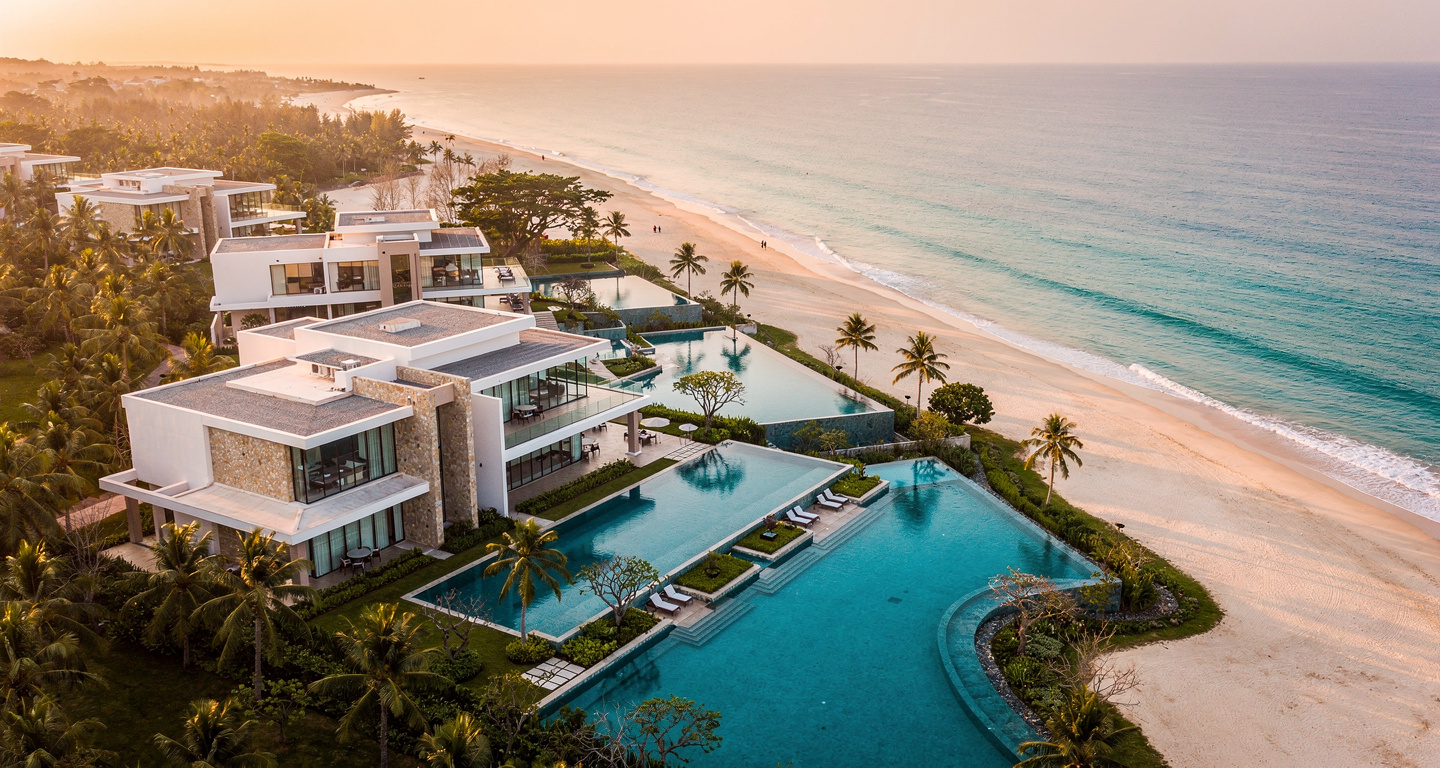 Luxury beachfront resort on Phu Quoc island, Vietnam, sunset lighting