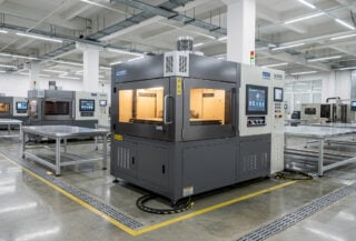 Metal 3D printing machine on factory floor with digital displays, Suzhou China