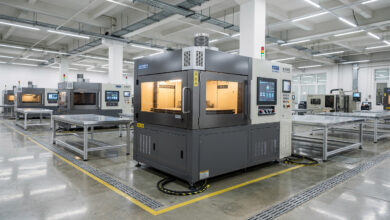 Metal 3D printing machine on factory floor with digital displays, Suzhou China