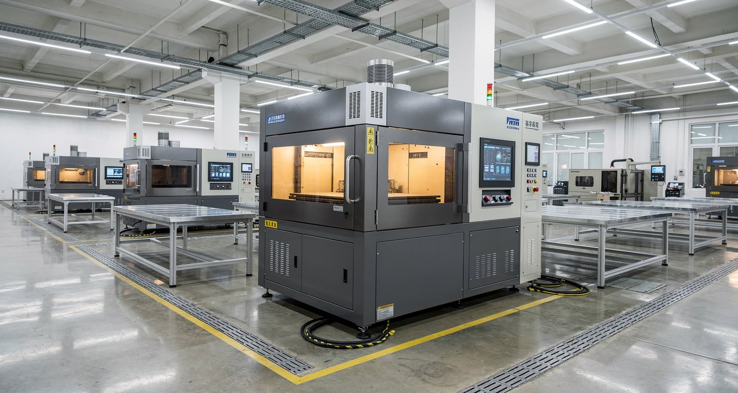 Metal 3D printing machine on factory floor with digital displays, Suzhou China