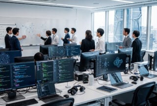 Modern AI research lab in Tokyo with multiple workstations and collaborative team environment