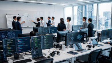 Modern AI research lab in Tokyo with multiple workstations and collaborative team environment