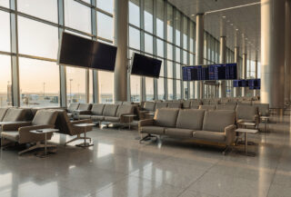 Modern airport terminal interior, Bahrain International Airport departure lounge
