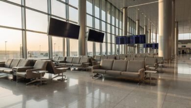 Modern airport terminal interior, Bahrain International Airport departure lounge