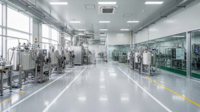 Modern biotech manufacturing facility interior, Seoul, South Korea, clean-room equipment