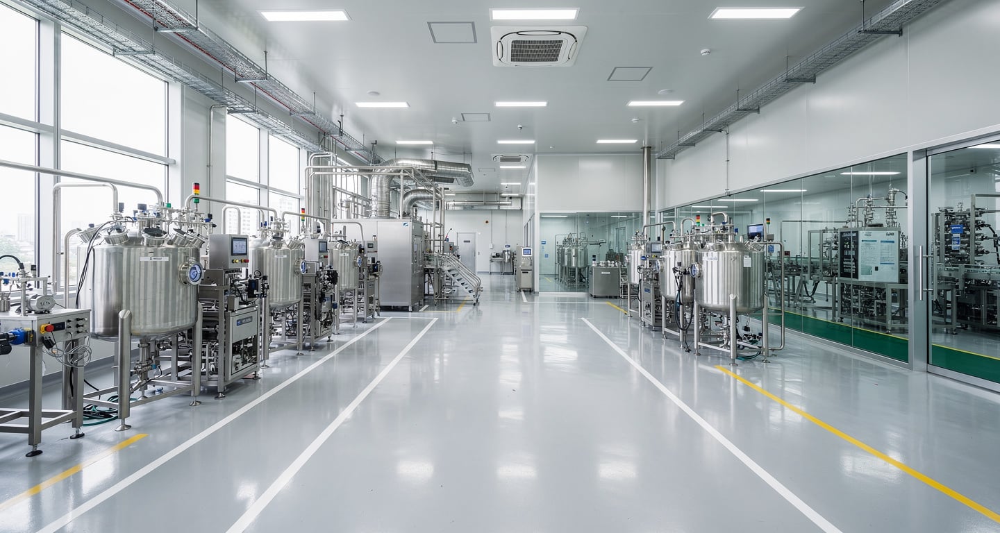 Modern biotech manufacturing facility interior, Seoul, South Korea, clean-room equipment