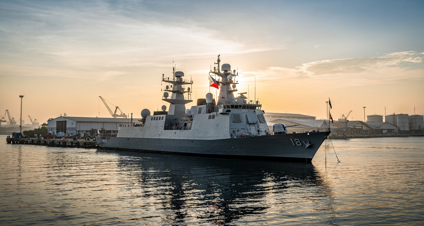 Modern military frigate docked at Manila naval base with Philippine flag