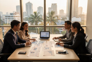 Modern office financial advisor workspace with laptop and charts, afternoon light