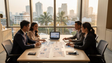 Modern office financial advisor workspace with laptop and charts, afternoon light