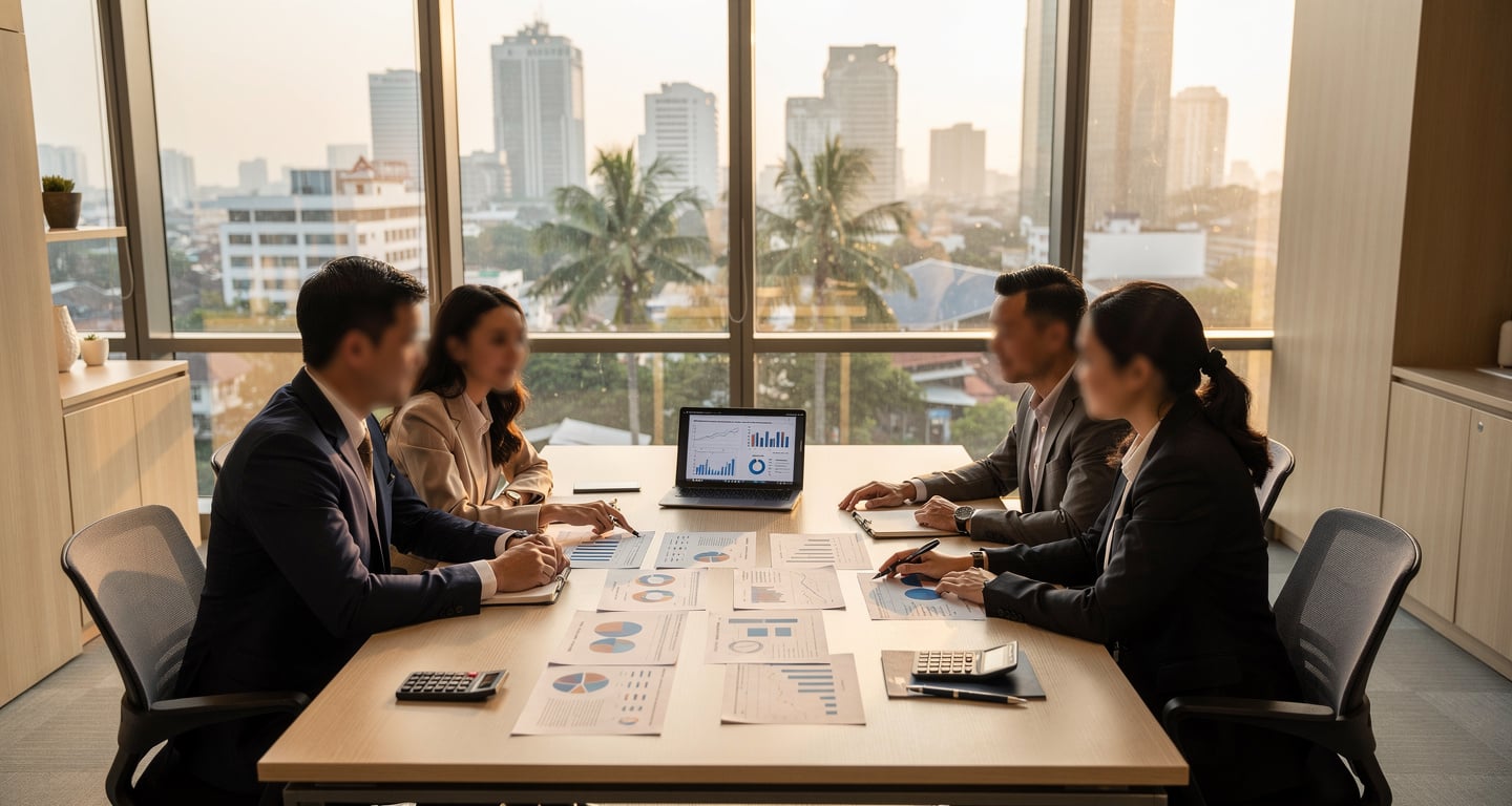 Modern office financial advisor workspace with laptop and charts, afternoon light