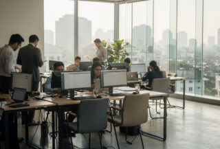 Modern office workspace in Southeast Asia tech hub with computers and urban skyline view