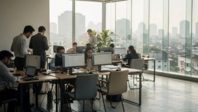 Modern office workspace in Southeast Asia tech hub with computers and urban skyline view