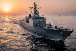 Naval vessel in Strait of Hormuz, Persian Gulf, dawn light