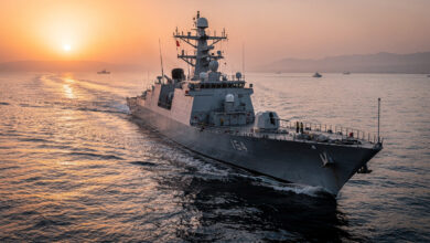 Naval vessel in Strait of Hormuz, Persian Gulf, dawn light