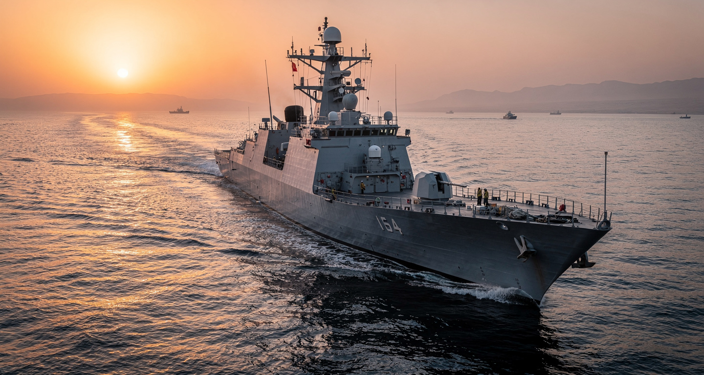 Naval vessel in Strait of Hormuz, Persian Gulf, dawn light