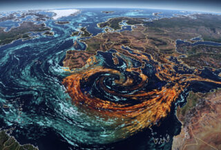 North Atlantic ocean currents showing warm and cold circulation patterns in thermal gradient visualization