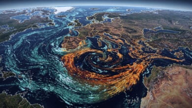 North Atlantic ocean currents showing warm and cold circulation patterns in thermal gradient visualization