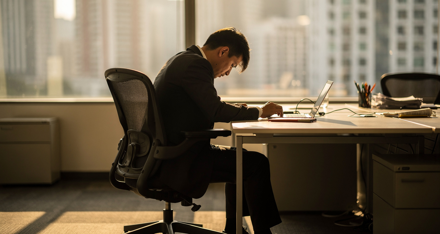 Office worker at desk, face turned away, modern corporate workspace with afternoon light