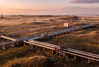 Oil pipeline infrastructure crossing Central Asian steppe, Caspian region