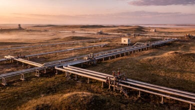 Oil pipeline infrastructure crossing Central Asian steppe, Caspian region