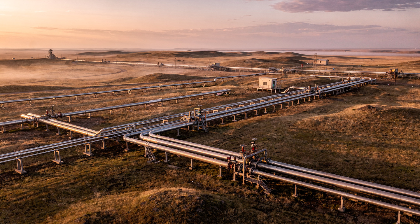 Oil pipeline infrastructure crossing Central Asian steppe, Caspian region