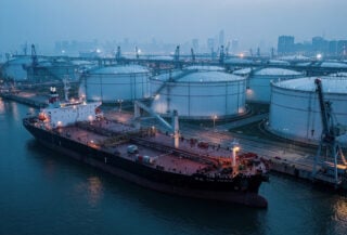 Oil storage tanks at Shanghai port terminal, industrial scale infrastructure
