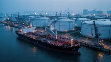 Oil storage tanks at Shanghai port terminal, industrial scale infrastructure