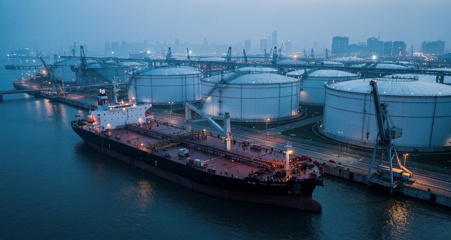 Oil storage tanks at Shanghai port terminal, industrial scale infrastructure