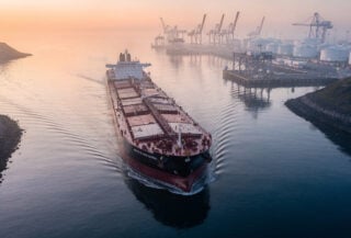 Oil tanker in narrow strait with port infrastructure, dawn lighting, aerial view