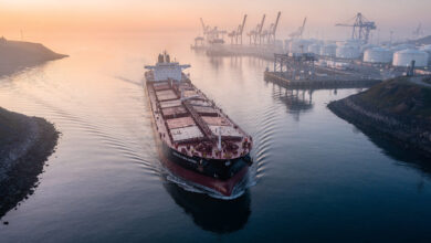 Oil tanker in narrow strait with port infrastructure, dawn lighting, aerial view